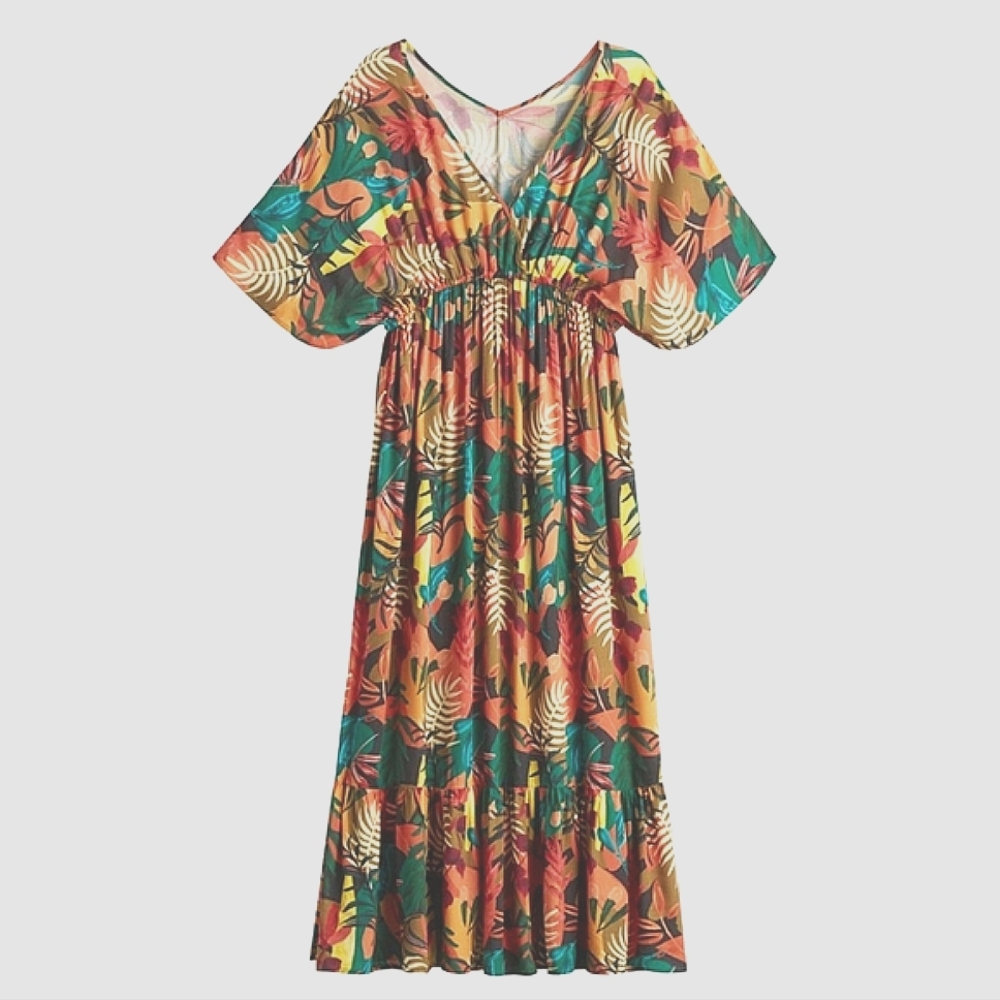 L/XL Tropical Leaf Print Maxi Dress in Teal, Orange & Yellow